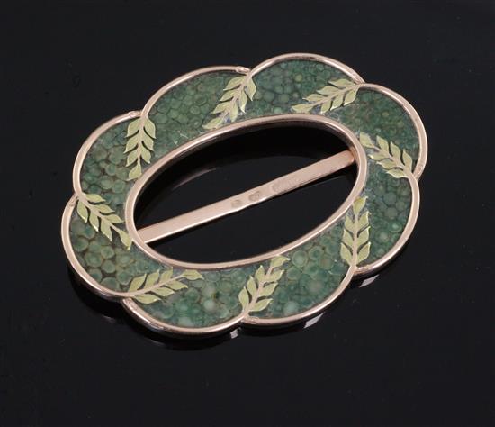 FABERGE: A late 19th/early 20th century two colour 56 zolotnik gold and shagreen buckle, 61mm.